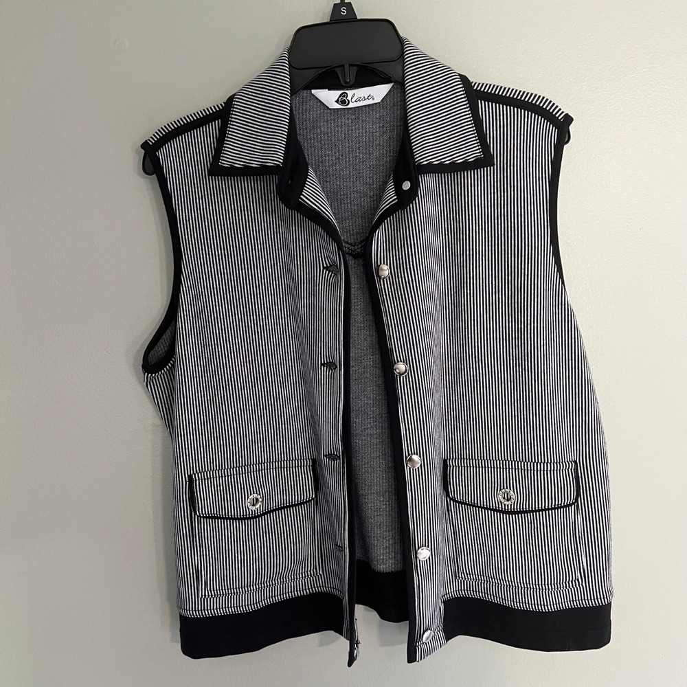 Blast Petite Medium Black White Striped Button Front Vest Rhinestone PM